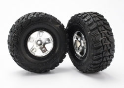 TRAXXAS 5881 Tires & wheels, assembled, glued SCT satin chrome, black beadlock style wheels, Kumho tires, foam inserts (2) 2WD front