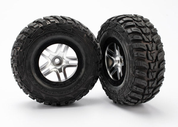 TRAXXAS 5882R Tires & wheels, assembled, glued S1 ultra-soft off-road racing compound SCT Split-Spoke satin chrome, black beadlock style wheels, Kumho tires, foam inserts (2) 2WD front