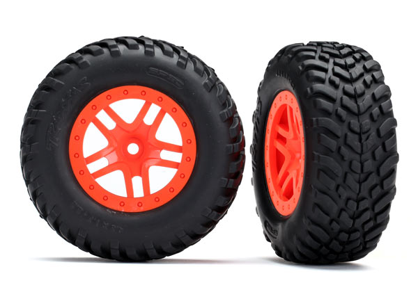 TRAXXAS 5892 Tires & wheels, assembled, glued (SCT Split-Spoke orange wheels, SCT off-road racing tires, foam inserts)