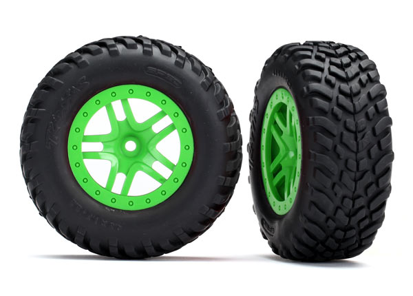 TRAXXAS 5892G Tires & wheels, assembled, glued (SCT Split-Spoke green wheels, SCT off-road racing tires, foam inserts) (2) (4WD f/r, 2WD rear) (TSM rated)