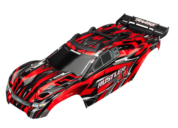 TRAXXAS 6718 Body, Rustler® 4X4, red/ window, grille, lights decal sheet (assembled with front & rear body mounts and rear body support for clipless mounting)