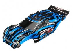 TRAXXAS 6718X Body, Rustler 4X4, blue / window, grill, lights decal sheet assembled with front & rear body mounts and rear body support for clipless mounting