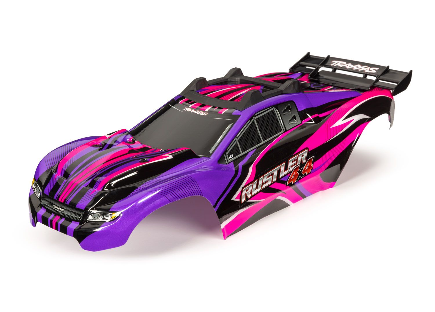 TRAXXAS 6734P Body, Rustler® 4X4, pink & purple/ window, grille, lights decal sheet (assembled with front & rear body mounts and rear body support for clipless mounting)
