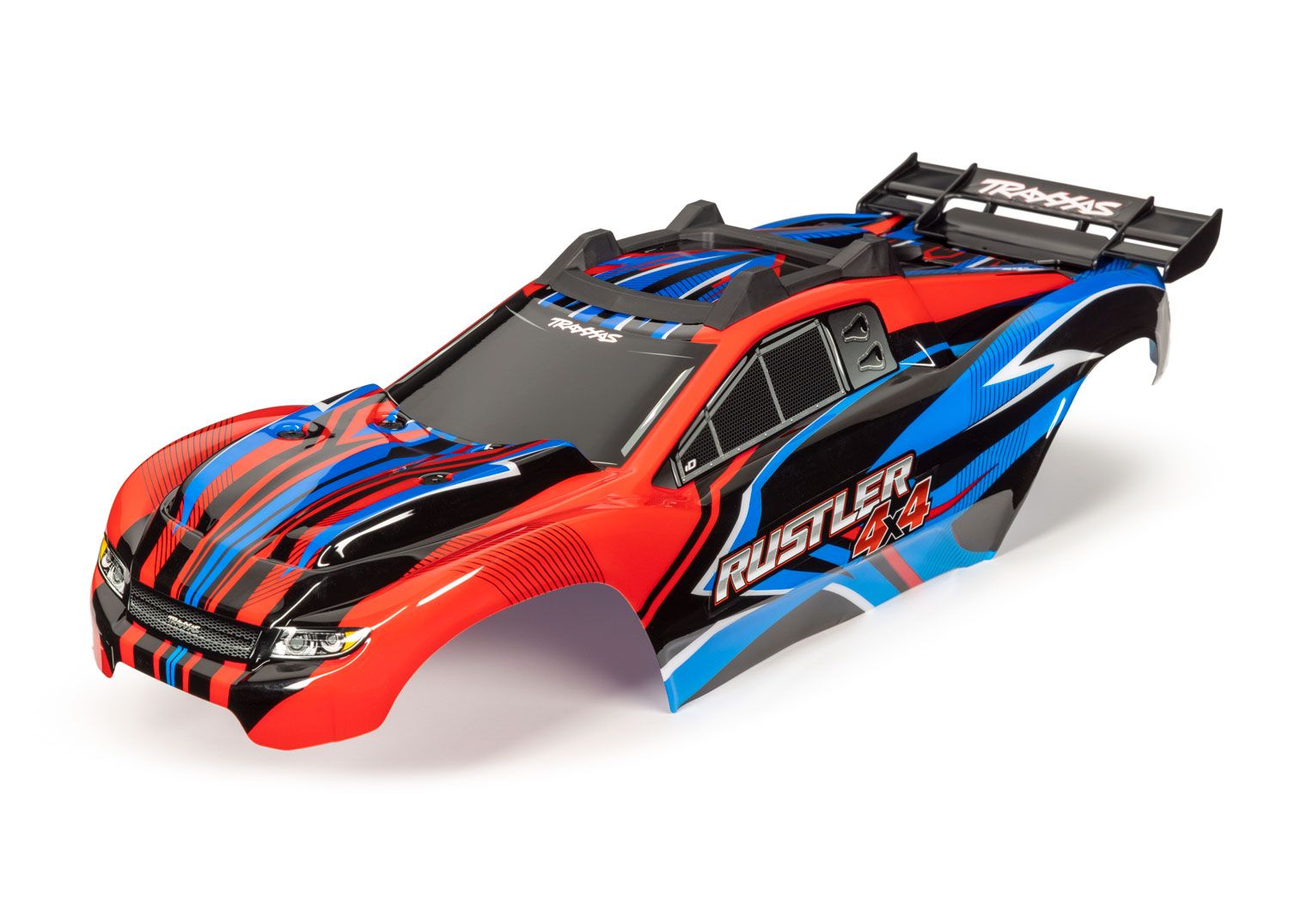 TRAXXAS 6734R Body, Rustler® 4X4, red & blue/ window, grille, lights decal sheet (assembled with front & rear body mounts and rear body support for clipless mounting)