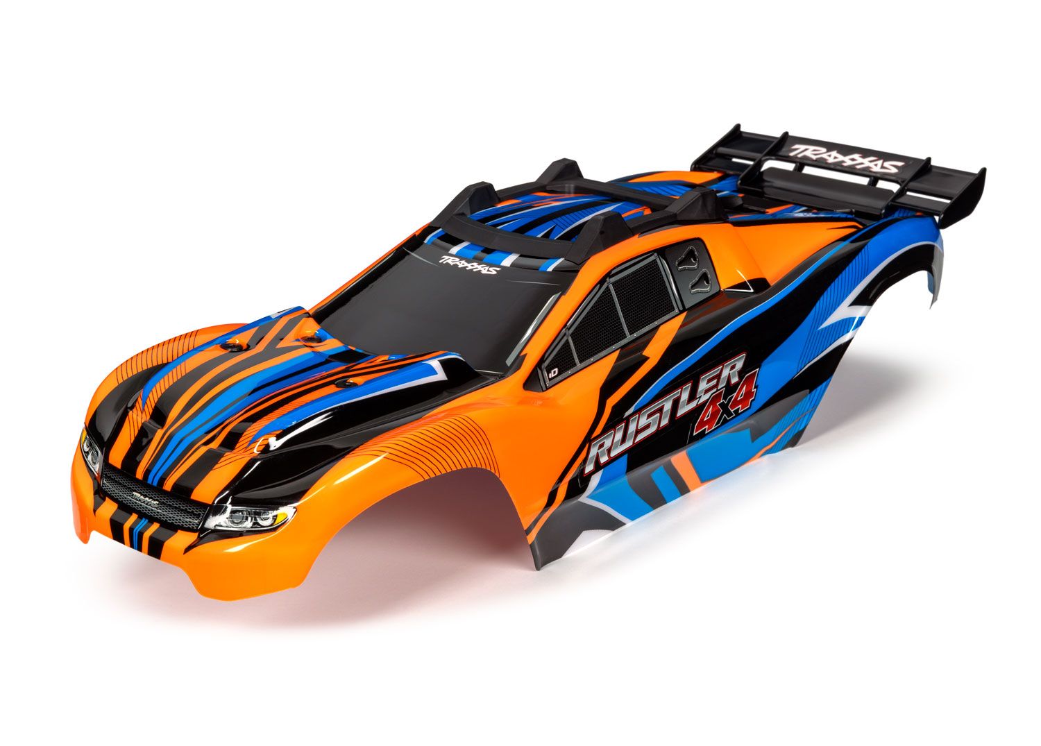 TRAXXAS 6734T Body, Rustler® 4X4, orange & blue/ window, grille, lights decal sheet (assembled with front & rear body mounts and rear body support for clipless mounting)