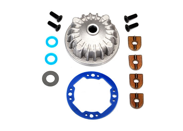 TRAXXAS 6781 Housing, center differential (aluminum)/ x-ring gaskets (2)/ ring gear gasket/ bushings (2)/ 5x10x0.5 PTW (2)/ 2.5x8 CCS (4)