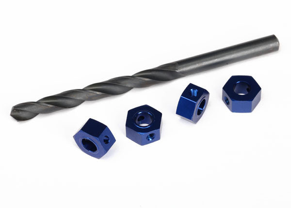 TRAXXAS 6869 Wheel adaptors, 12mm hex, 6061-T6 aluminum (blue-anodized) (4)/ screw pins (4)/ drill bit, 0.25 inch (for 6mm shafts) (requires #6451 (x2), #6452 (x2), #6439, #6455, #5117 (x3))