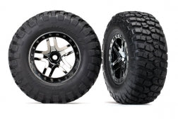 TRAXXAS 6873T Tires & wheels assembled, glued SCT Split-Spoke black chrome beadlock style wheels, BFGoodrich Mud-Terrain T/A KM2 ultra-soft S1 compound off-road racing tires 4WD front/rear 2WD rear TSM rated