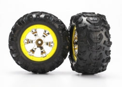TRAXXAS 7276 Tires and wheels, assembled, glued Geode chrome, yellow beadlock style wheels, Canyon AT tires, foam inserts 1 left, 1 right 1/16 Summit