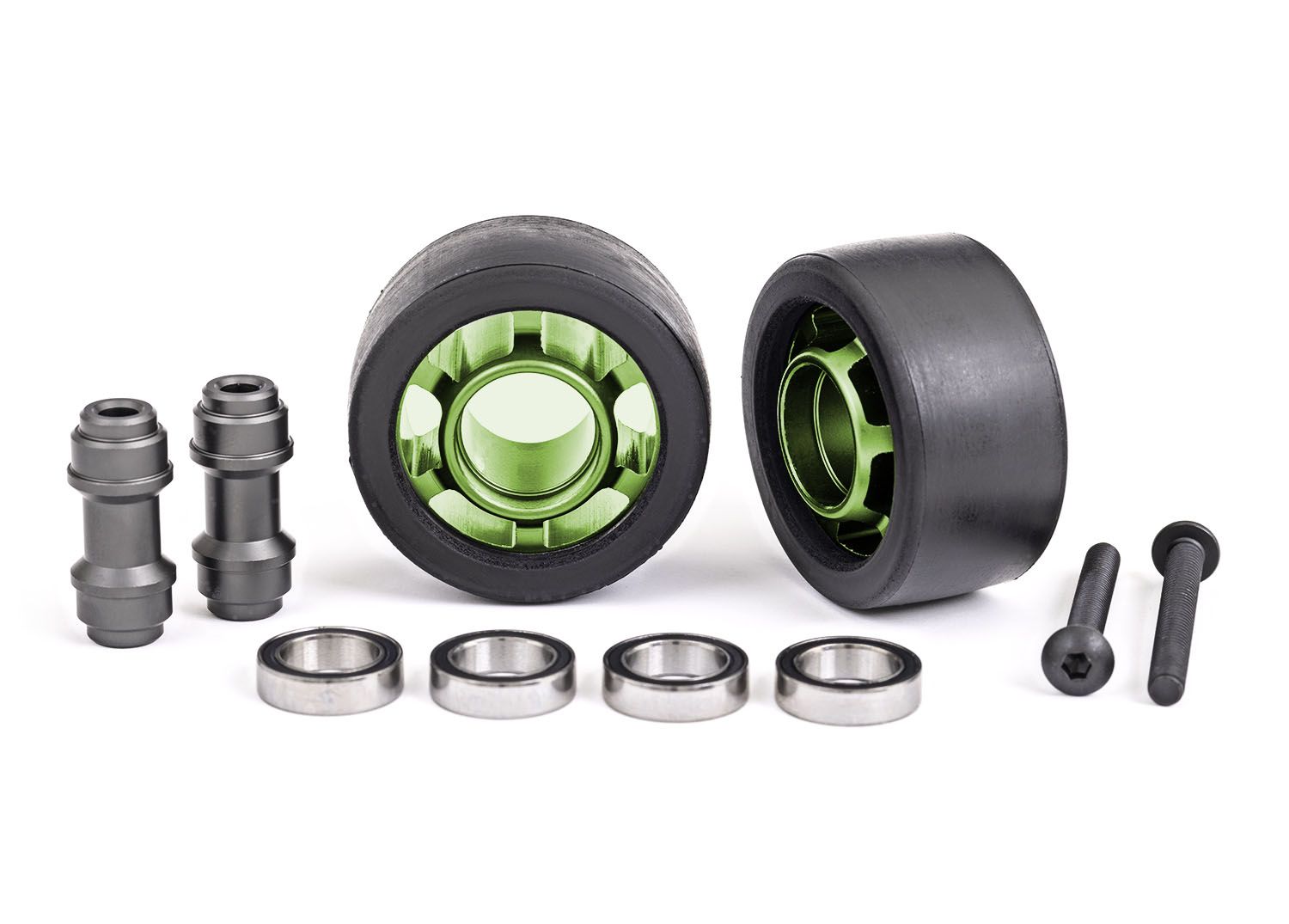 TRAXXAS 7775G Wheels, wheelie bar, 6061-T6 aluminum (green-anodized) (2)/ axle, wheelie bar, 6061-T6 aluminum (2)/ 10x15x4 ball bearings (4)