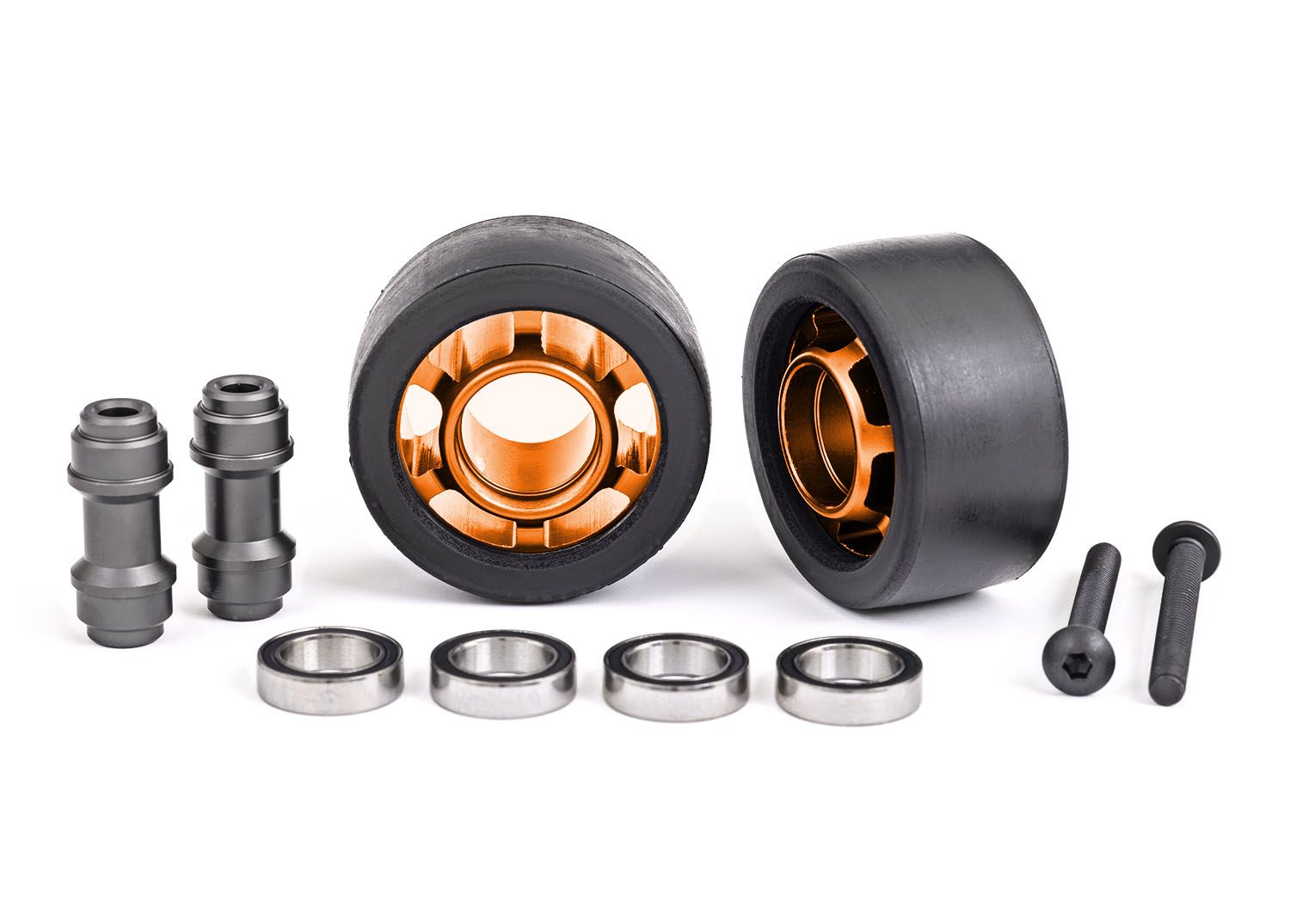 TRAXXAS 7775T Wheels, wheelie bar, 6061-T6 aluminum (orange-anodized) (2)/ axle, wheelie bar, 6061-T6 aluminum (2)/ 10x15x4 ball bearings (4)