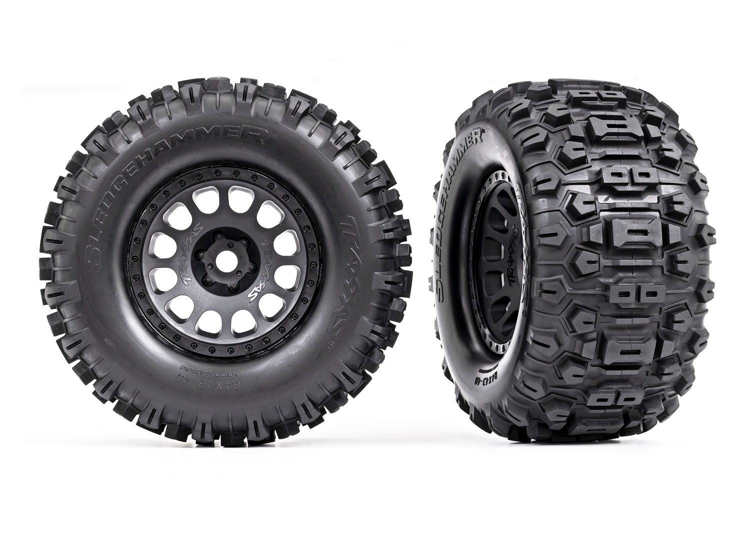 TRAXXAS 7876 Tires & wheels, assembled, glued (XRT™ Race black wheels, Sledgehammer® tires, foam inserts) (left & right)