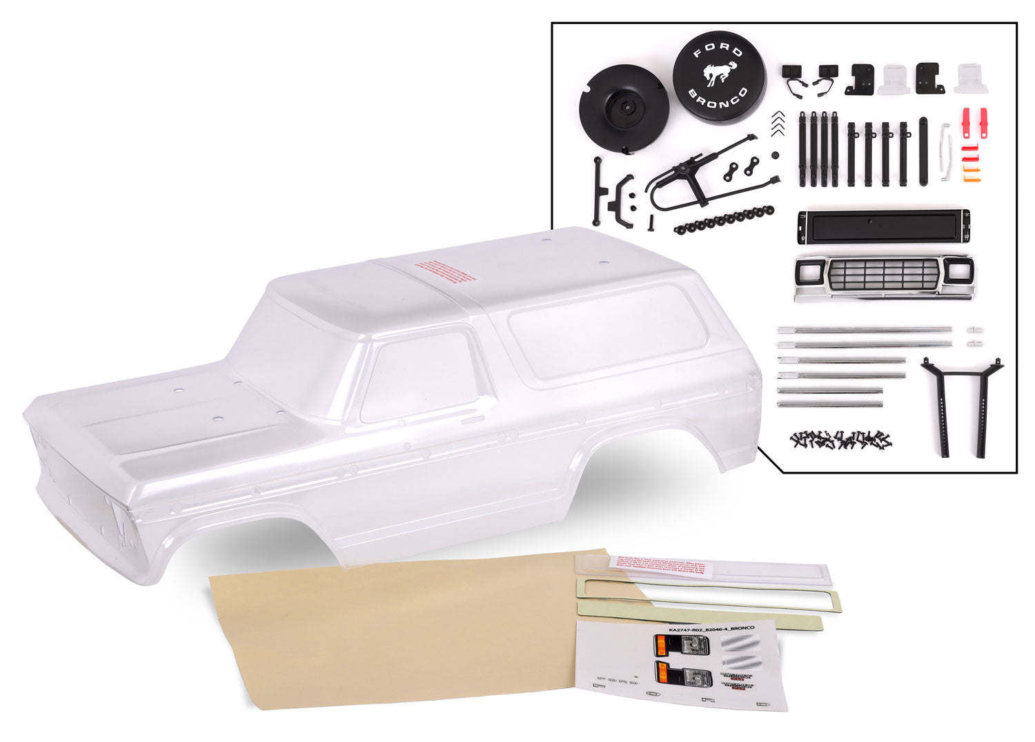 TRAXXAS 8010P Body, Ford Bronco (1979), complete (clear, trimmed, requires painting) (includes grille, side mirrors, door handles, windshield wipers, spare tire mount, decals, window masks) (requires #8072 inner fenders)