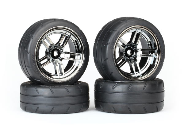 TRAXXAS 8375 Tires & wheels, assembled, glued (split-spoke black chrome wheels, 1.9' Response tires, foam inserts) (front (2), rear (extra wide) (2)) (VXL rated)