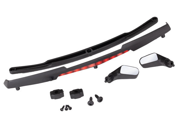 TRAXXAS 8388 Mirrors, side, black (left & right)/ mirror retainers (2)/ spoiler, black/ spoiler retainer (1)/ 1.6x5 BCS (self-tapping) (3)/ 2.6x8 BCS (self-tapping) (2) (fits #8386 body)