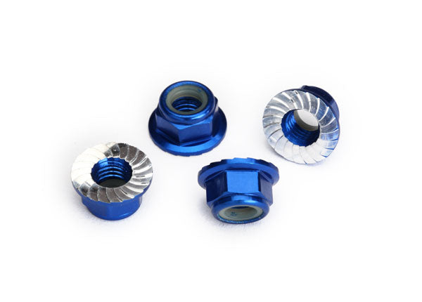 TRAXXAS 8447X Nuts, 5mm flanged nylon locking (aluminum, blue-anodized, serrated) (4)