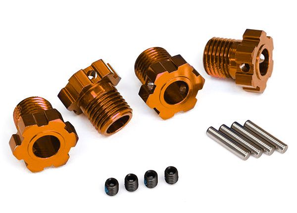 TRAXXAS 8654A Wheel hubs, splined, 17mm orange-anodized (4) 4x5 GS (4) 3x14mm pin (4)