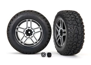TRAXXAS 8872 Tires and wheels, assembled, glued (2.6" black, satin chrome-plated Mercedes-Benz G 500 4x4 wheels, 4.6x2.6" tires (2)/ center caps (2) requires 8255A extended stub axle
