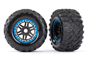 TRAXXAS 8972A Tires & wheels, assembled, glued black, blue beadlock style wheels Maxx MT tires foam inserts 17mm splined