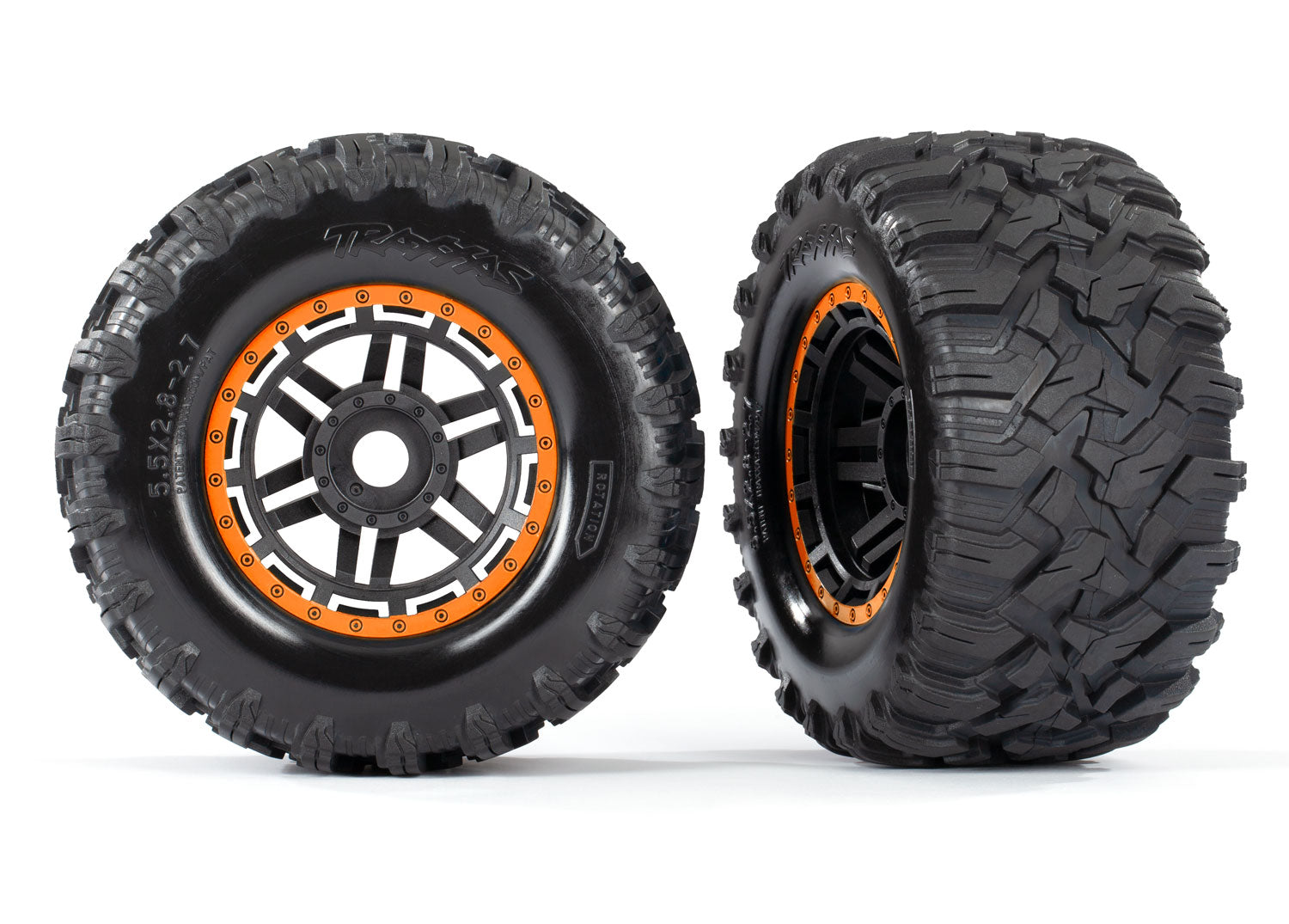 TRAXXAS 8972T Tires & wheels, assembled, glued (black, orange beadlock style wheels, Maxx® MT tires, foam inserts) (2) (17mm splined) (TSM® rated)