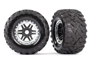 TRAXXAS 8972X Tires & wheels, assembled, glued black, satin chrome beadlock style wheels, Maxx MT tires, foam inserts 17mm splined