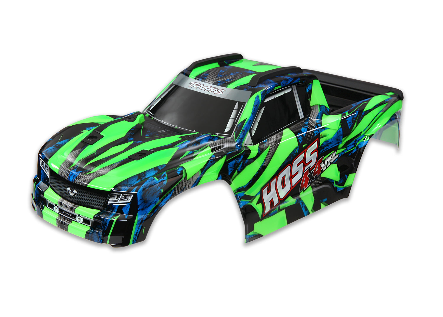 TRAXXAS 9011G Body, Hoss 4X4 VXL, Green w/ window grille, lights decal sheet assembled w/ front & rear body mounts and rear body support for clipless mounting