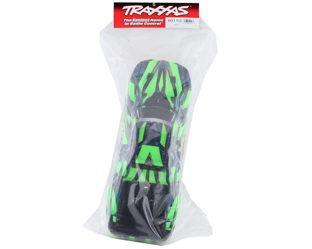TRAXXAS 9011G Body, Hoss 4X4 VXL, Green w/ window grille, lights decal sheet assembled w/ front & rear body mounts and rear body support for clipless mounting