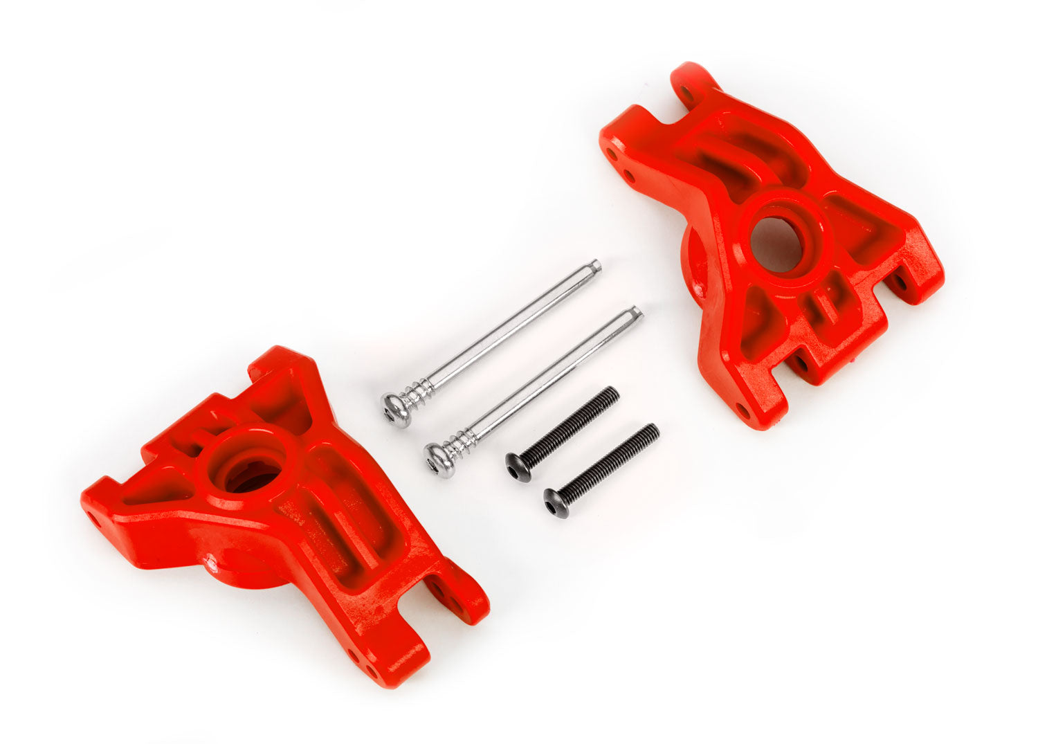 TRAXXAS 9050R Carriers, stub axle, rear, extreme heavy duty, red (left & right)/ 3x41mm hinge pins (2)/ 3x20mm BCS (2) (for use with #9080 upgrade kit)