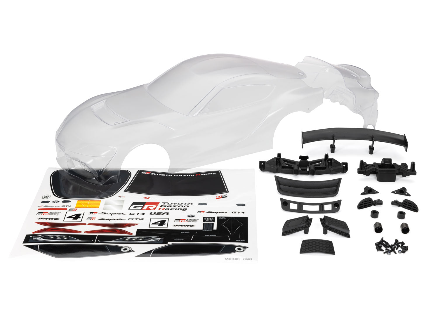 TRAXXAS 9340 Body, Toyota Supra GT4 (clear, trimmed, requires painting)/ decal sheet (includes side mirrors, wing, grilles, vents, hardware, & clipless mounting)