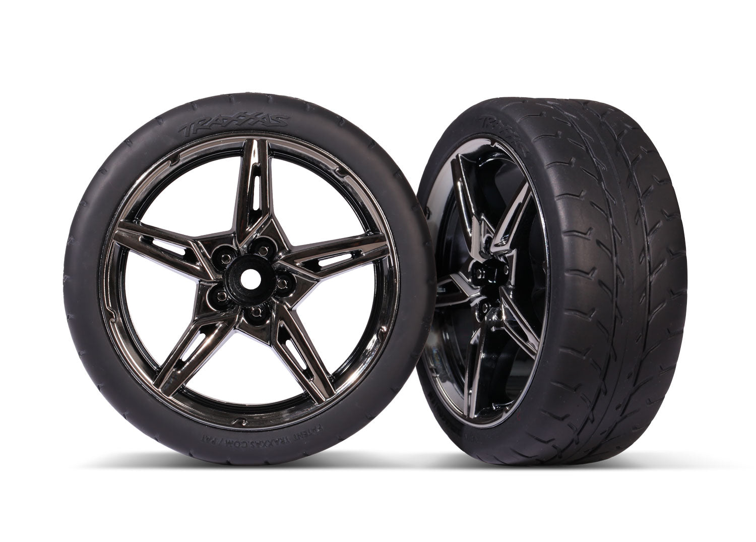 TRAXXAS 9370 Tires and wheels, assembled, glued (split-spoke black chrome wheels, 2.1" Response tires) (front) (2) 4-TEC 3.0