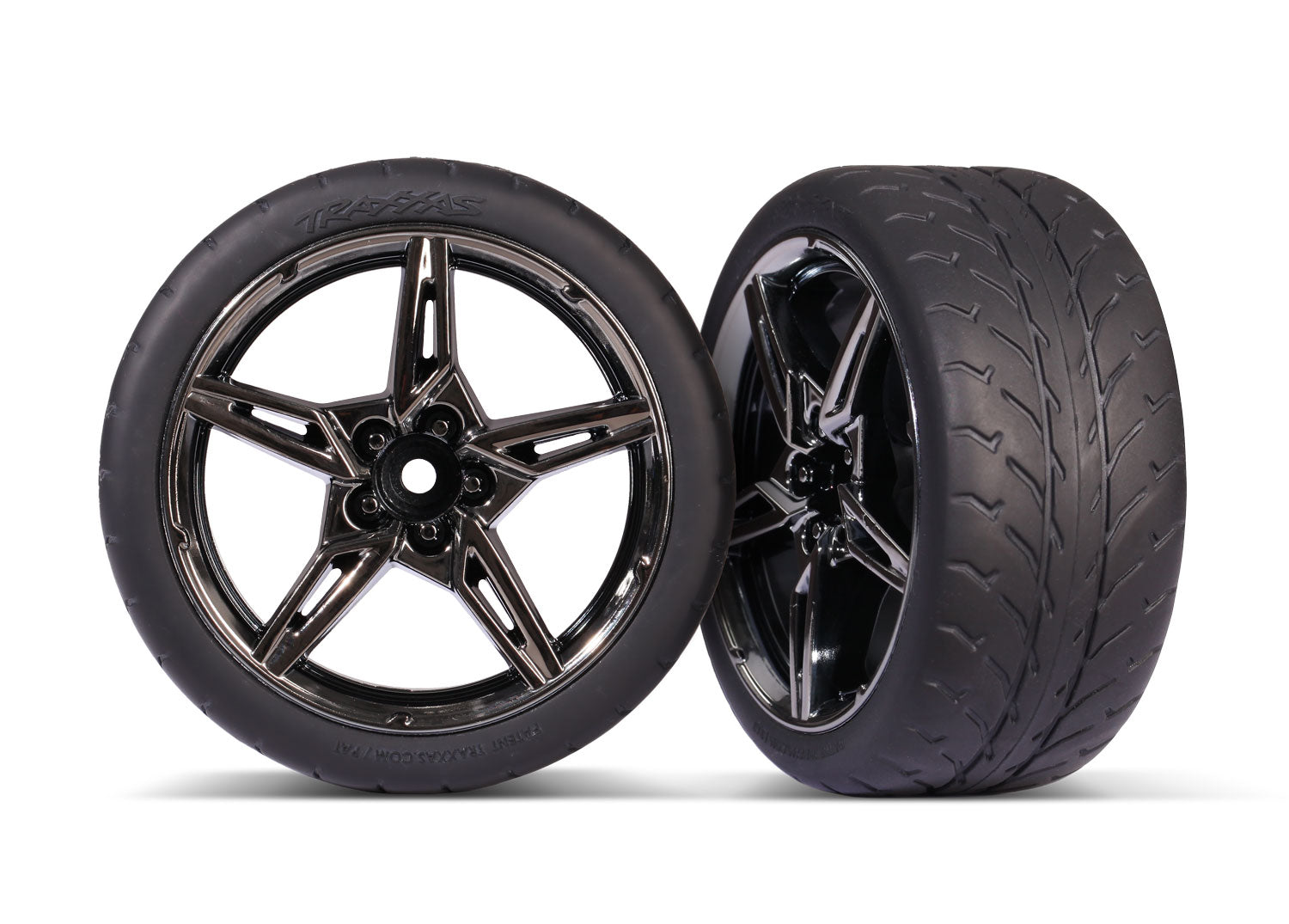 TRAXXAS 9371 Tires and wheels, assembled, glued (split-spoke black chrome wheels, 2.1' Response tires) (extra wide, rear) (2)