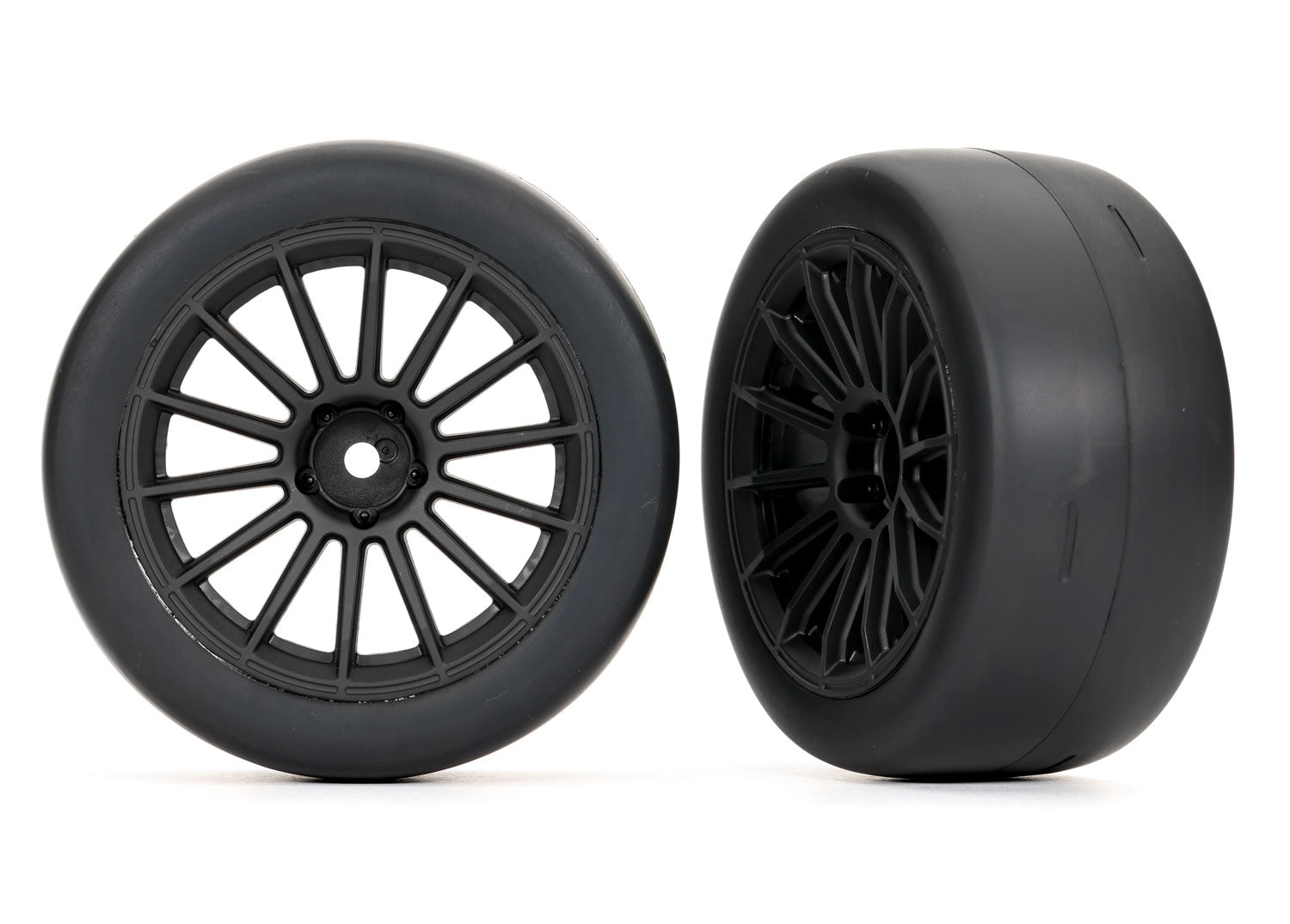 TRAXXAS 9374 Tires and wheels, assembled, glued (multi-spoke black wheels, 2.0" ultra-wide slick tires, foam inserts) (front) (2)