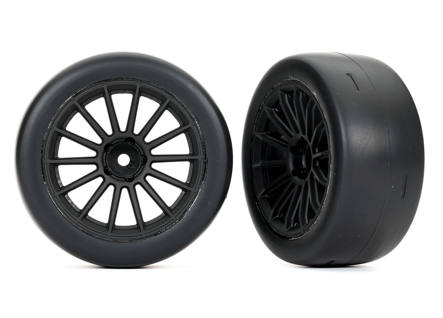 TRAXXAS 9375 Tires and wheels, assembled, glued (multi-spoke black wheels, 2.0" ultra-wide slick tires foam inserts) (rear) (2)