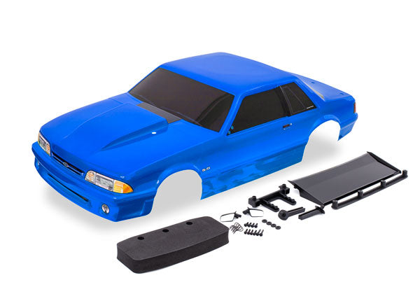TRAXXAS 9421X Body, Ford Mustang, Fox Body, blue (painted, decals applied) (includes side mirrors, wing, wing retainer, rear body mount posts, foam body bumper, & mounting hardware)