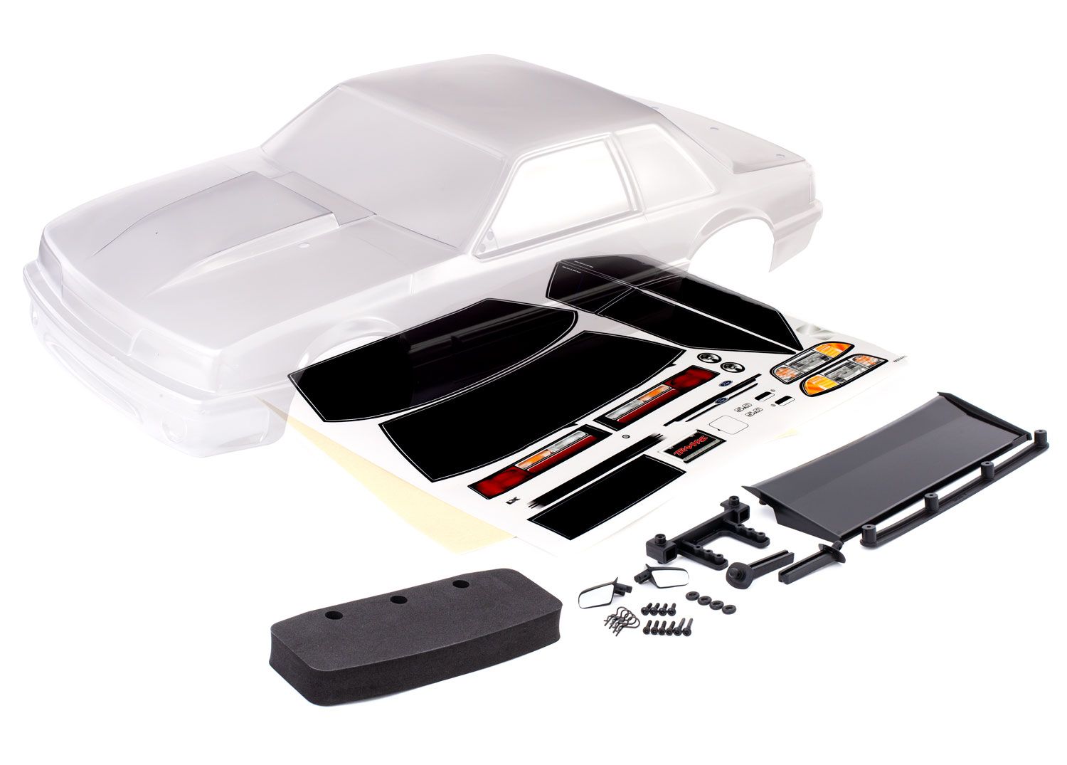 TRAXXAS 9421 Body, Ford Mustang, Fox Body (clear, requires painting)/ window masks/ decal sheet (includes side mirrors, wing, wing retainer, rear body mount posts, foam body bumper, & mounting hardware)