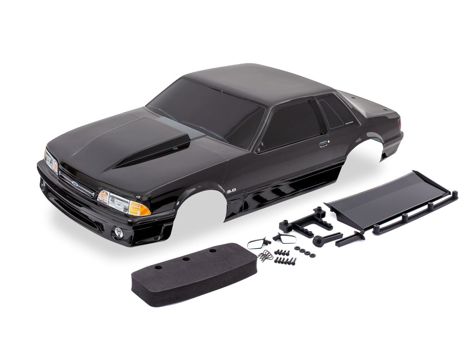 TRAXXAS 9421A Body, Ford Mustang, Fox Body, black (painted, decals applied) (includes side mirrors, wing, wing retainer, rear body mount posts, foam body bumper, & mounting hardware)