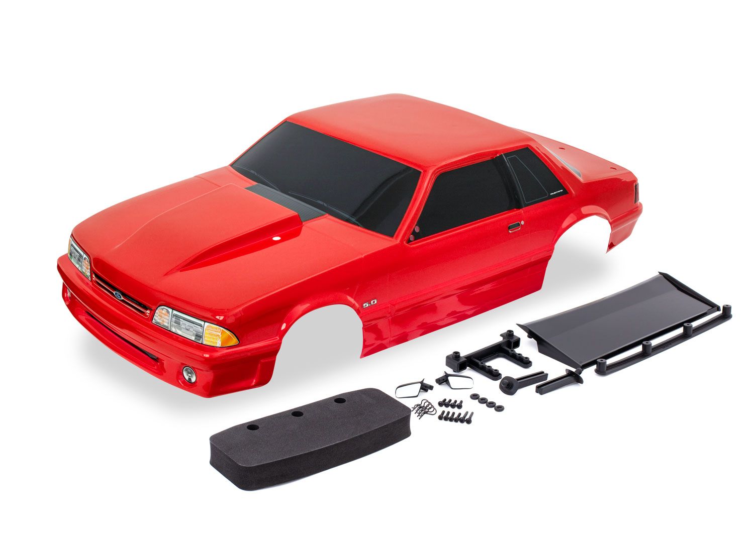 TRAXXAS 9421R Body, Ford Mustang, Fox Body, red (painted, decals applied) (includes side mirrors, wing, wing retainer, rear body mount posts, foam body bumper, & mounting hardware)