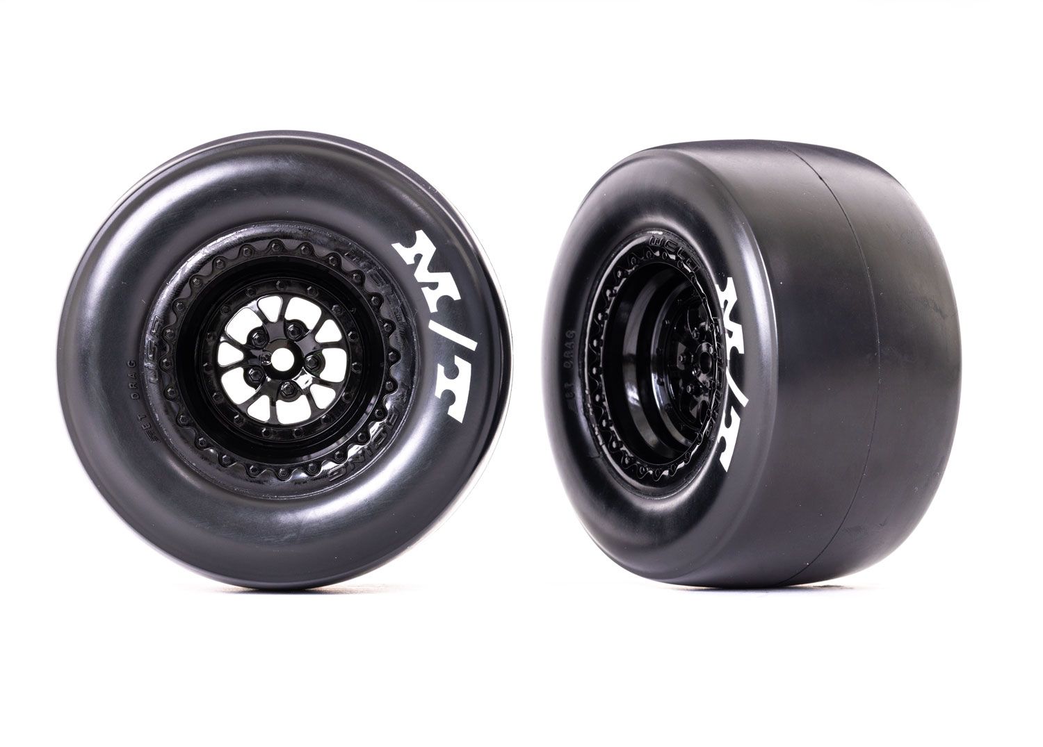 TRAXXAS 9476 Tires & wheels, assembled, glued (Weld glossy black wheels, Mickey Thompson Drag Slicks, sticky compound, foam inserts) (rear) (2)