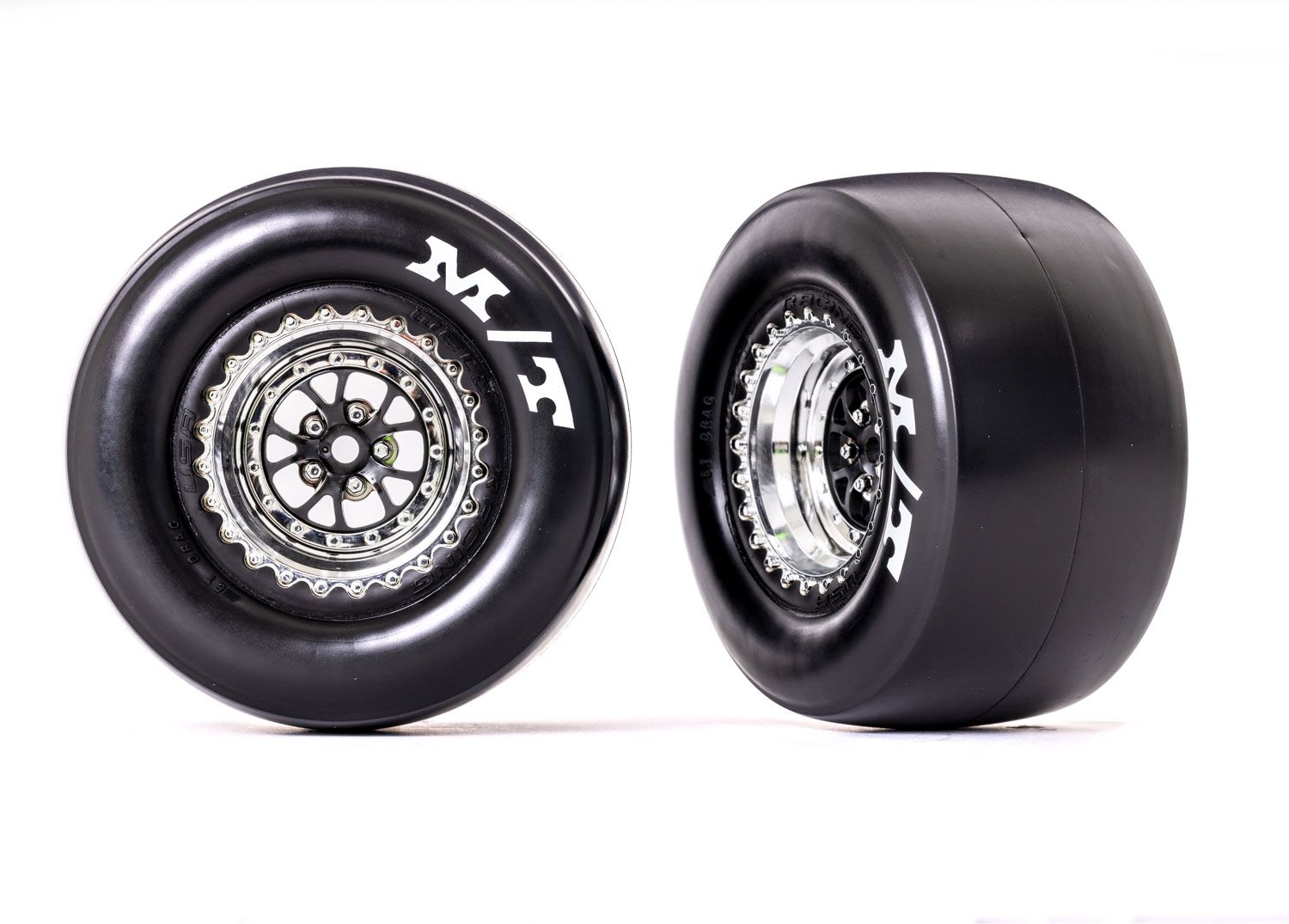 TRAXXAS 9476R Tires & wheels, assembled, glued (Weld chrome with black wheels, Mickey Thompson® ET Drag® Slicks, sticky compound, foam inserts) (rear) (2)