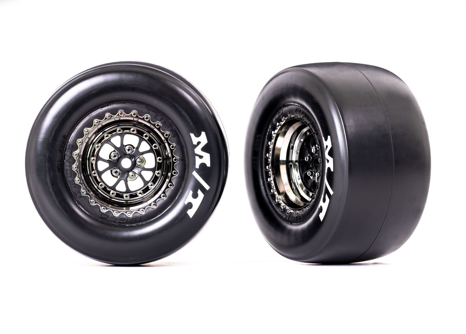 TRAXXAS 9476X Tires & wheels, assembled, glued (Weld black chrome wheels, Mickey Thompson® ET Drag® Slicks, sticky compound, foam inserts) (rear) (2)