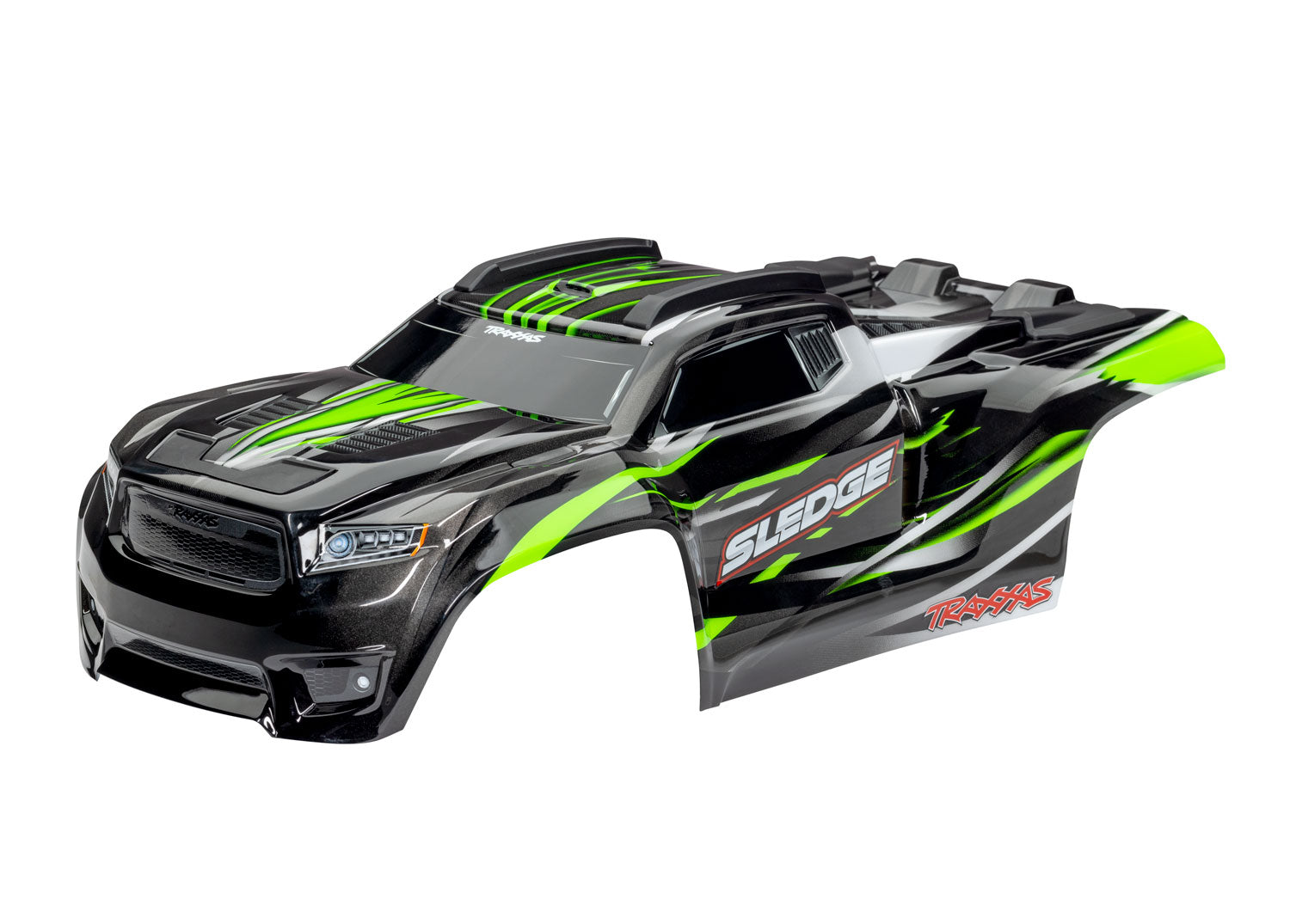 TRAXXAS 9511G Body, Sledge™, green/ window, grille, lights decal sheet (assembled with front & rear body mounts and rear body support for clipless mounting)