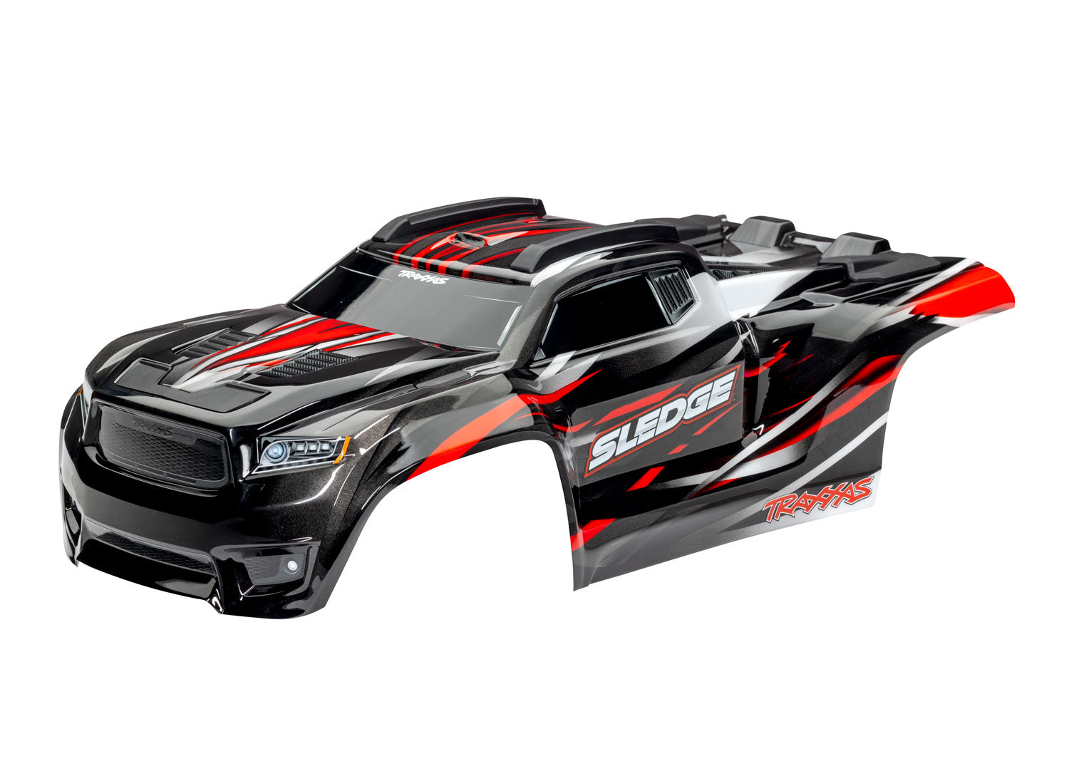 TRAXXAS 9511R Body, Sledge™, RED/ window, grille, lights decal sheet (assembled with front & rear body mounts and rear body support for clipless mounting)
