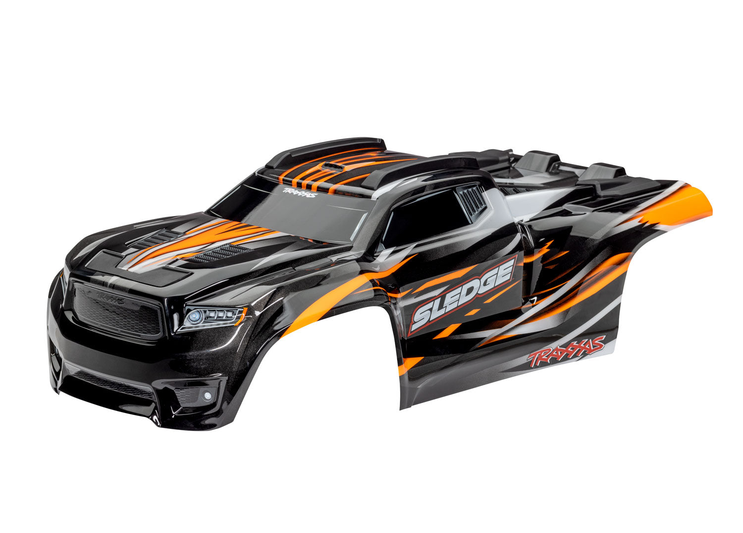 TRAXXAS 9511T Body, Sledge™, orange/ window, grille, lights decal sheet (assembled with front & rear body mounts and rear body support for clipless mounting)