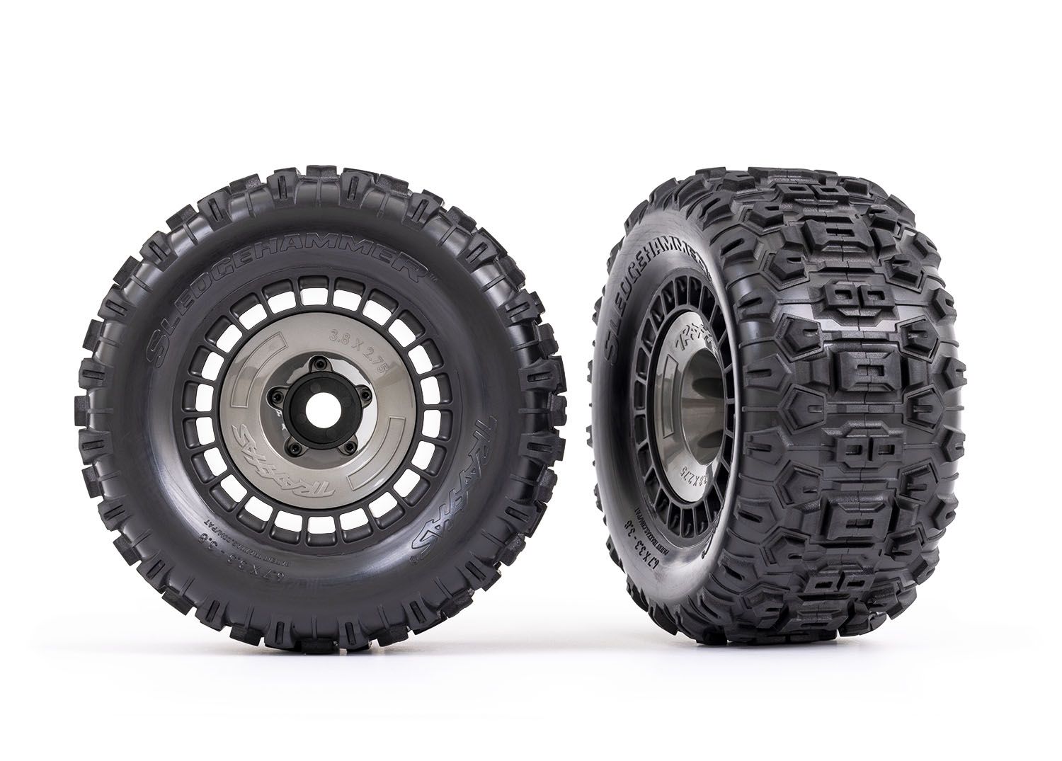 TRAXXAS 9572 Tires and wheels, assembled, glued (3.8" black wheels, gray wheel covers, Sledgehammer® tires, foam inserts) (2)