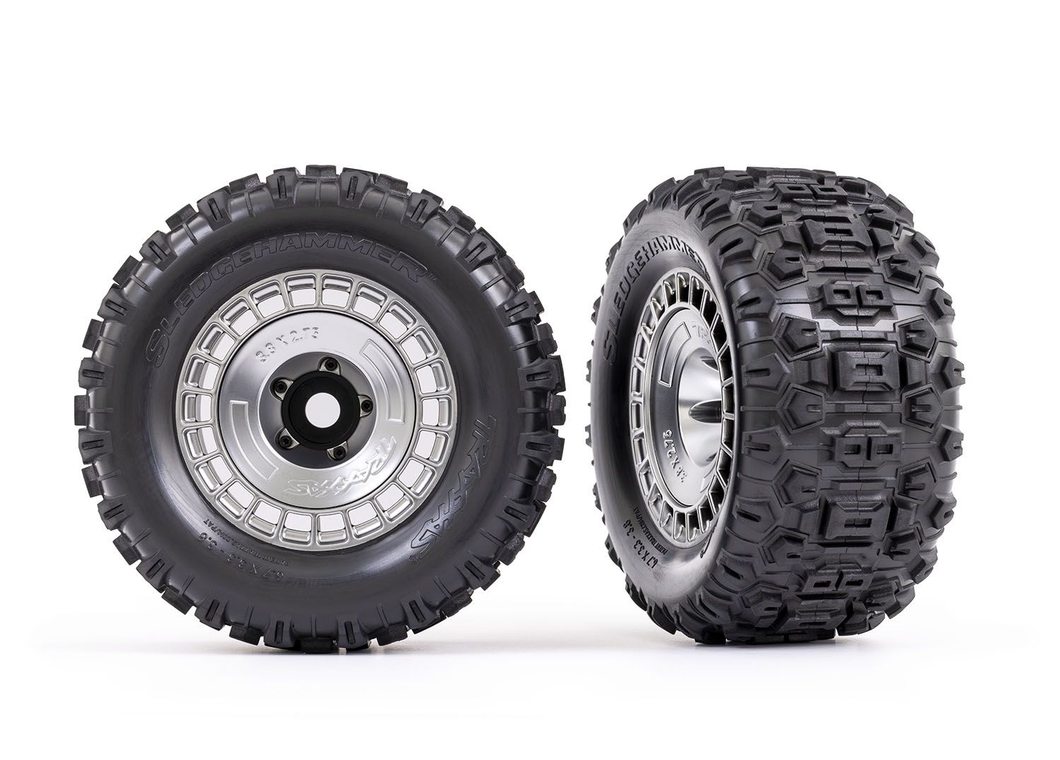 TRAXXAS 9572X Tires and wheels, assembled, glued (3.8" satin chrome wheels, satin chrome wheel covers, Sledgehammer® tires, foam inserts) (2)
