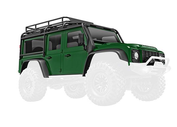 TRAXXAS 9712-GRN Body, Land Rover® Defender®, complete, green (includes grille, side mirrors, door handles, fender flares, fuel canisters, jack, spare tire mount, & clipless mounting)