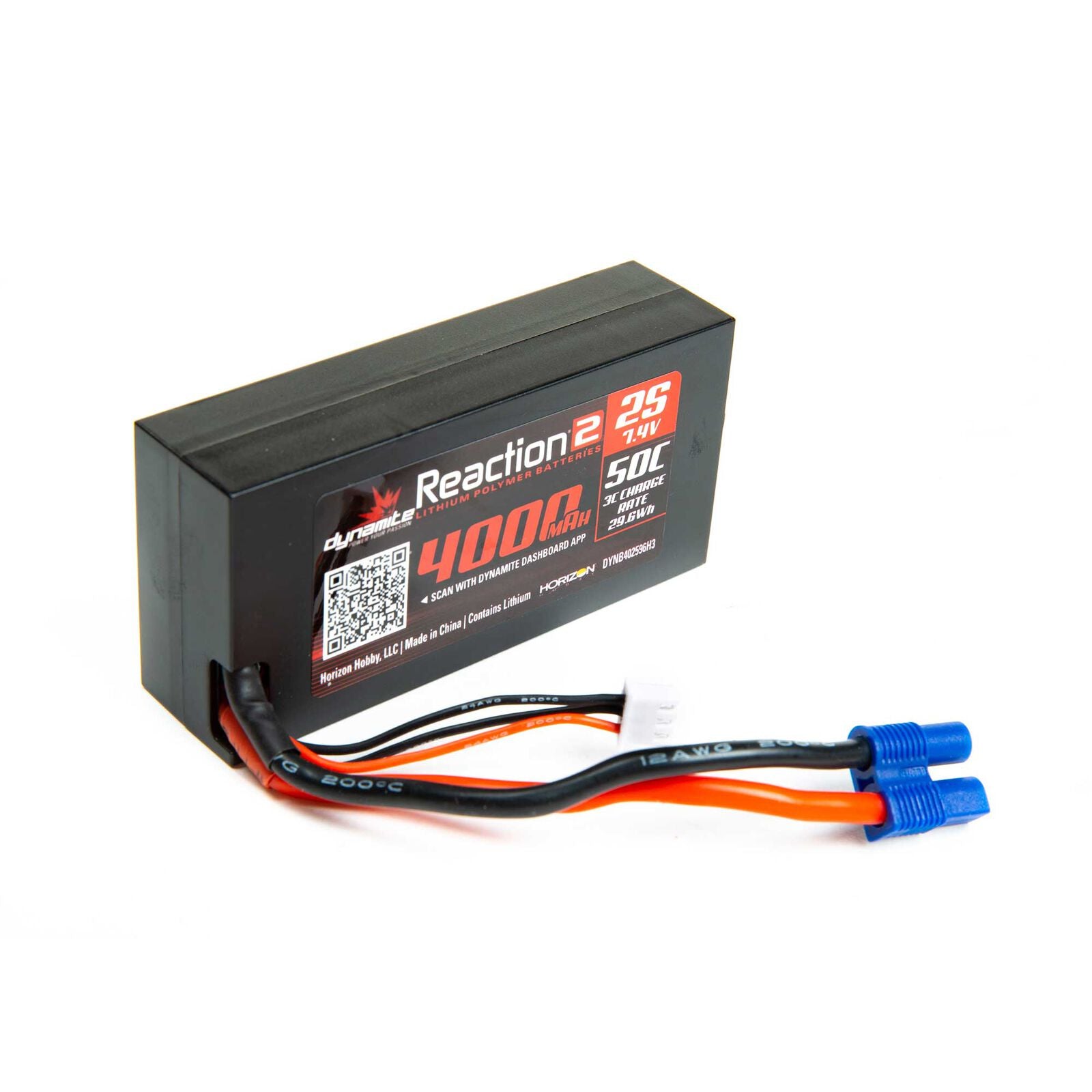 DYNAMITE DYNB402596H3 Reaction 2.0 7.4V 4000mAh 50C 2S Hardcase LiPo Battery, 96mm, EC3