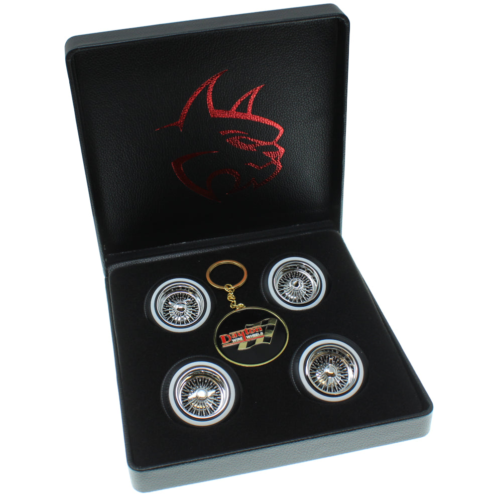 REDCAT  Officially licensed Dayton 13" Radial Reverse Lace Wheels & Genuine Redcat 5.20" Whitewall Tires with Realistic Stretch. Includes 4 Knockoff Styles2-Ear, 2 Ear Straight, 3-Ear Angle & Bullet