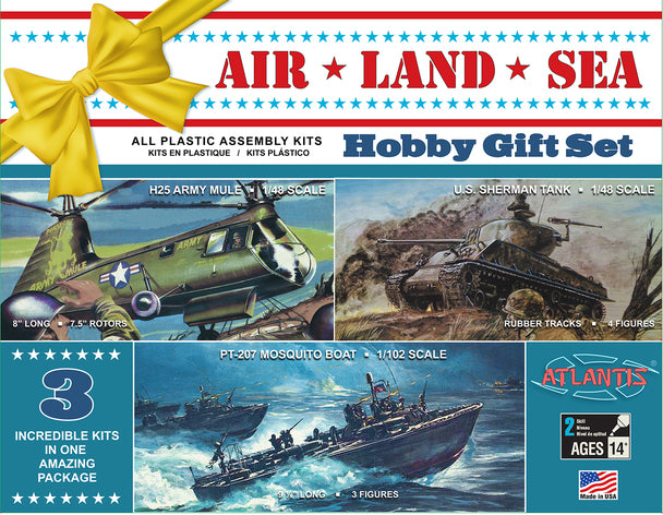 ATLANTIS 9001 Air, Land & Sea Gift Set, Sherman Tank, Mule Helicopter, PT Boat Plastic Model Kit