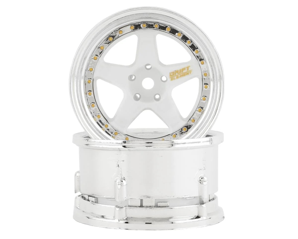 DS RACING DSC-DE-011 Drift Element 5 Spoke Drift Wheels (White & Chrome w/Gold Rivets) (2) (Adjustable Offset) w/12mm Hex